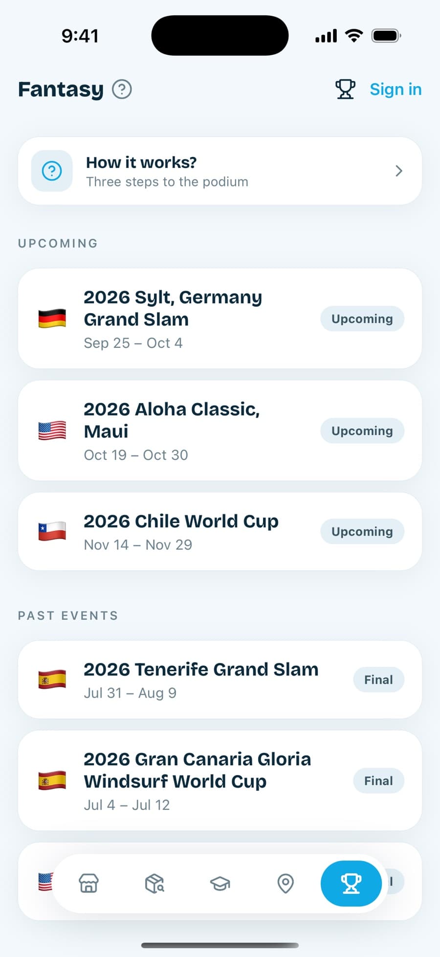 Choppyx Fantasy screen with the World Wave Tour calendar