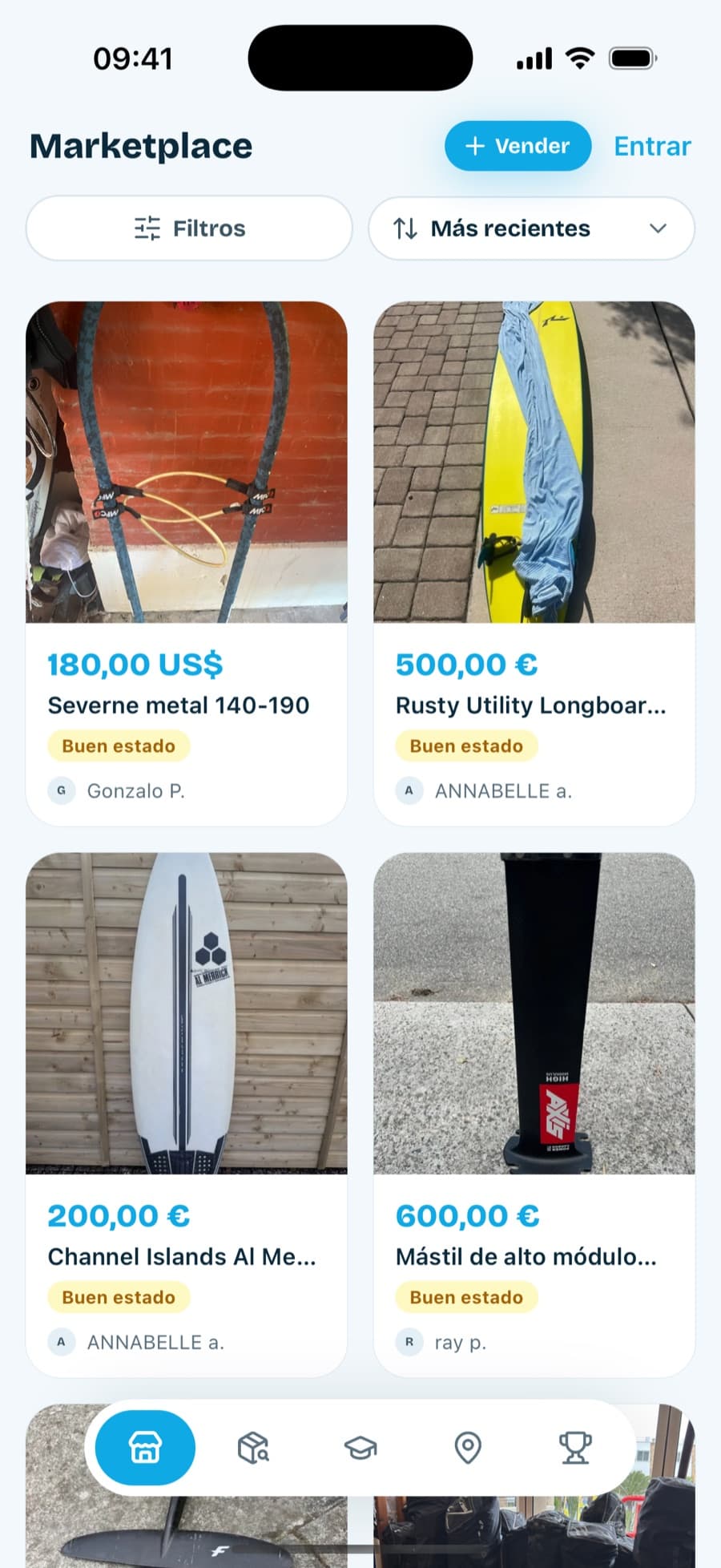 Pantalla del marketplace de Choppyx con anuncios de material
