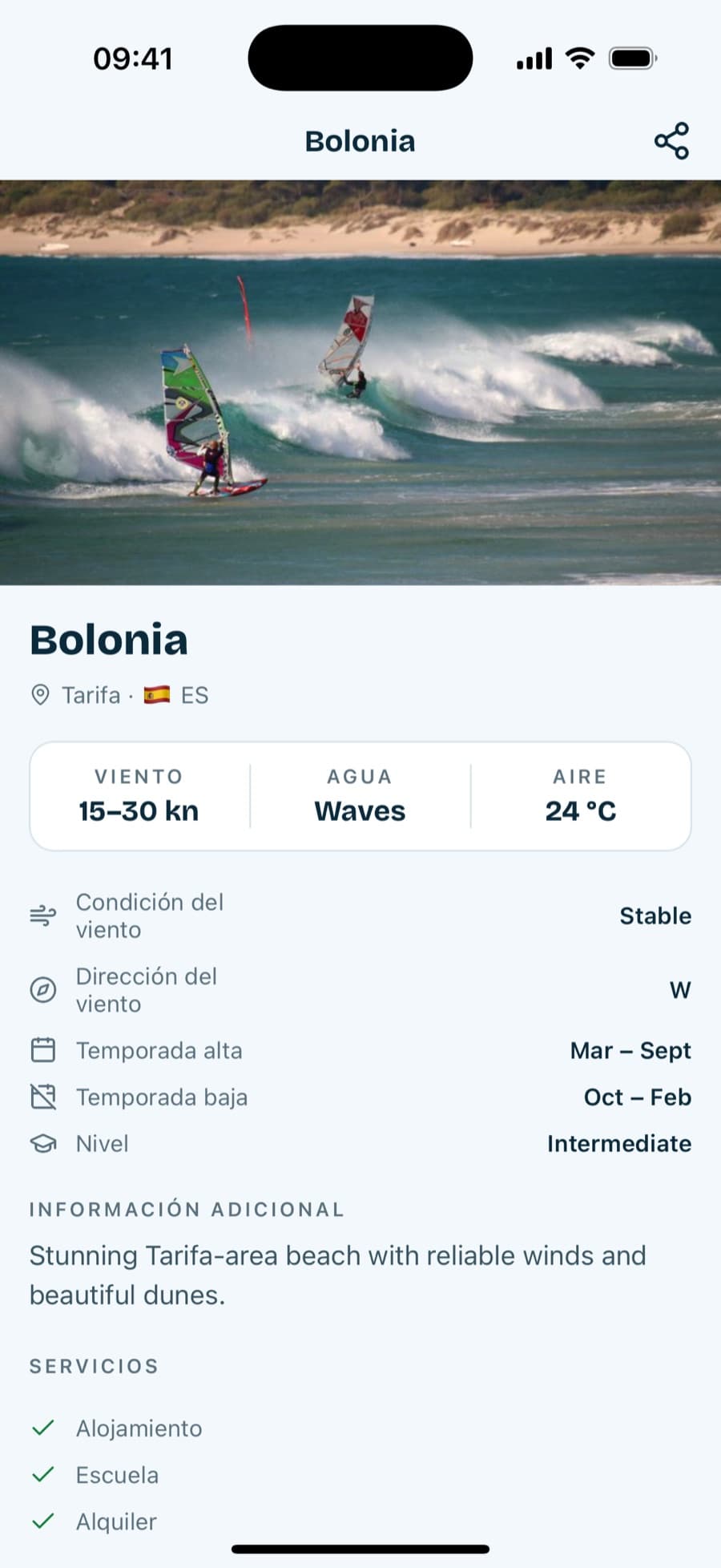 Pantalla de un spot en Choppyx con viento, agua y temporada